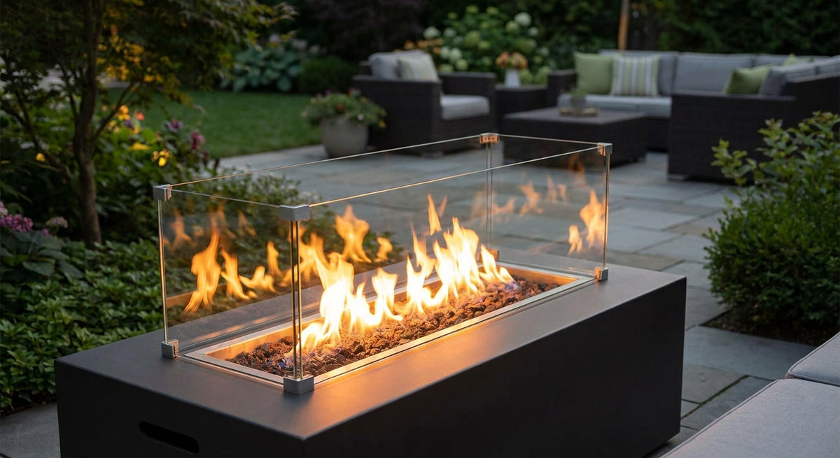 Windschutz aus Glas für Feuerstellen im Garten
