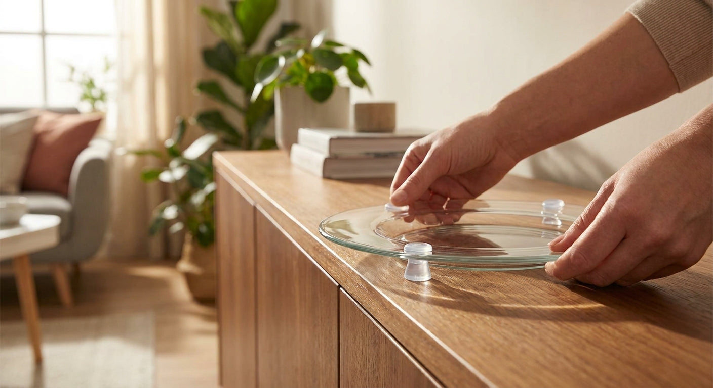 Wie befestigt man eine Glasplatte auf einem Sideboard?
