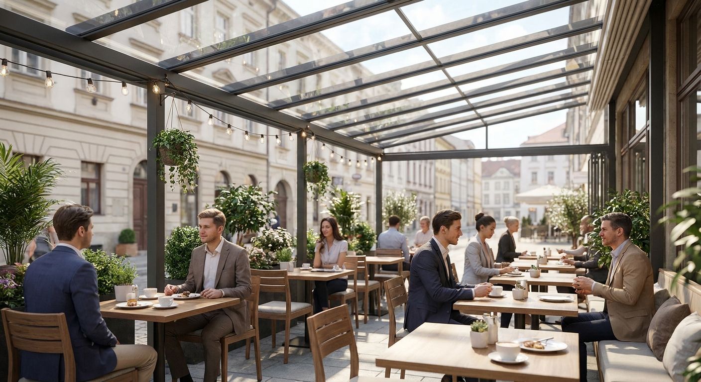 Terrassenüberdachung aus Glas für Restaurants und Cafés