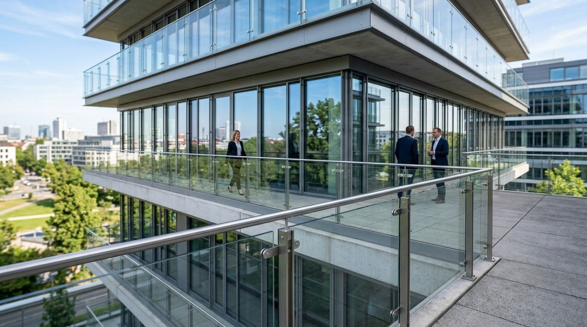 Glasgeländer für Firmengebäude und Gewerbeimmobilien