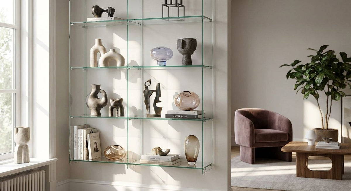 Glasregal für Skulpturen und Kunstobjekte im Wohnzimmer