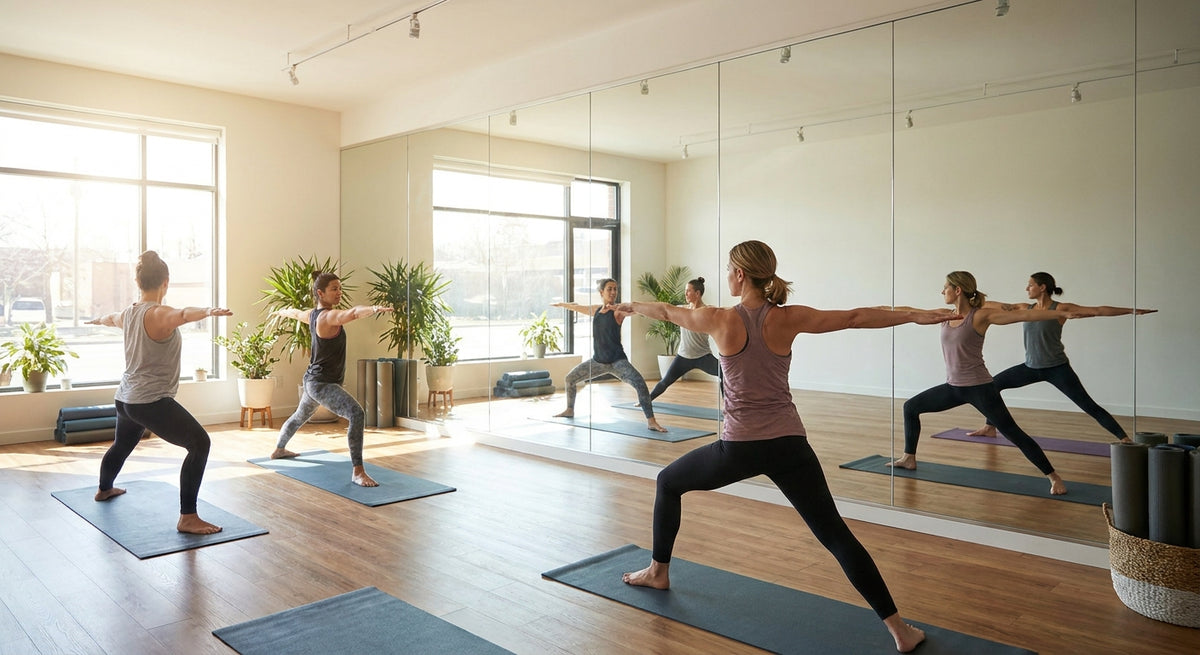 Glaswand für Yogastudios als Spiegelfläche