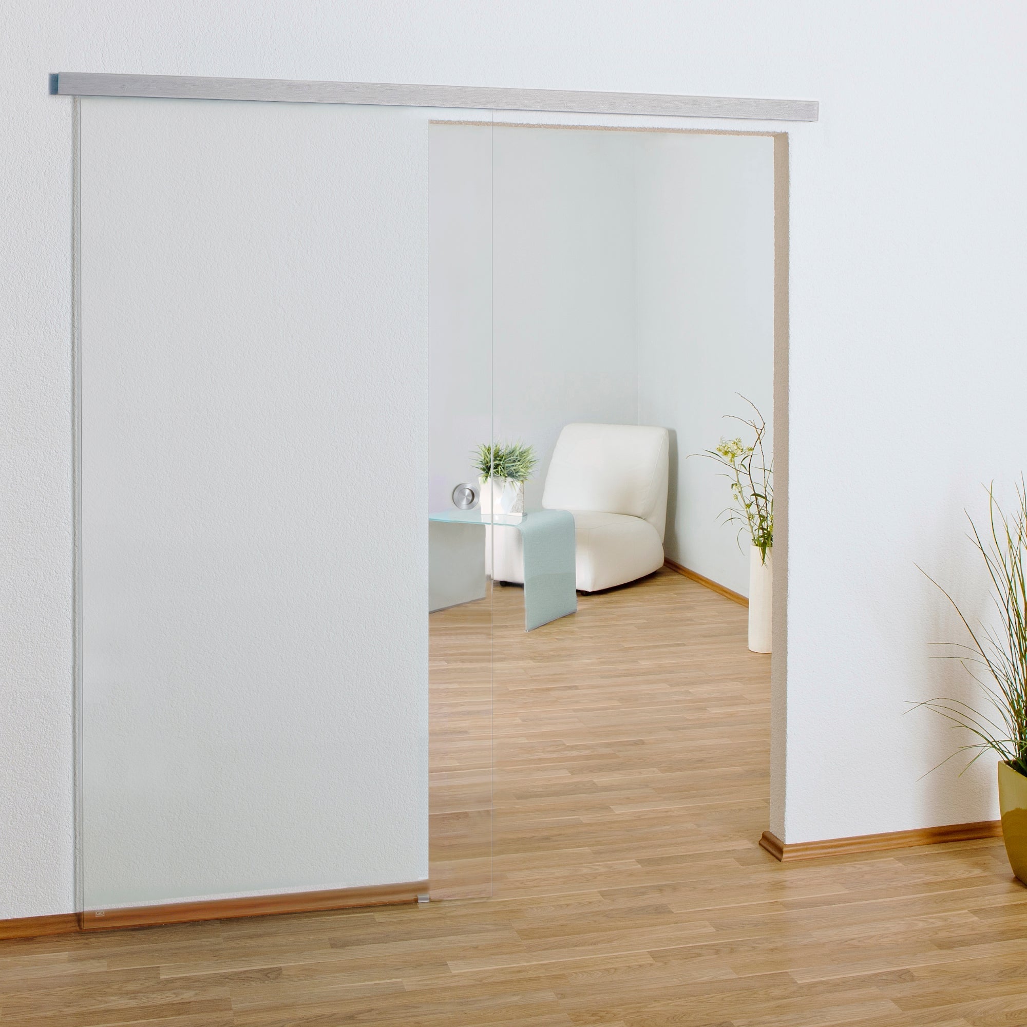 Glasschiebetür Komplettset aus 8mm ESG Glas, Glastür Schiebetür mit Muschelgriff und 15mm Wandabstand -