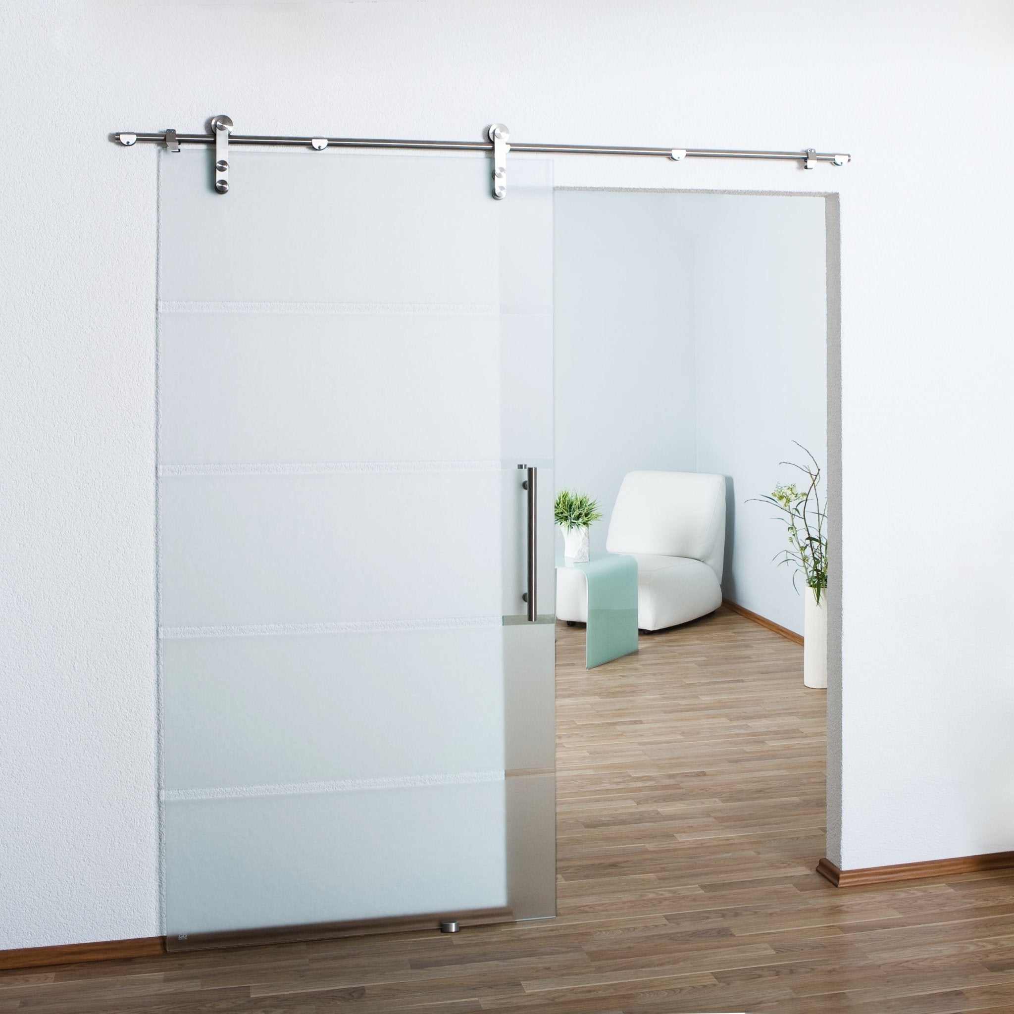 Glasschiebetür aus 8mm ESG Glas, Glastür Schiebetür mit Edelstahl Schiebetürsystem und 15mm Wandabstand -