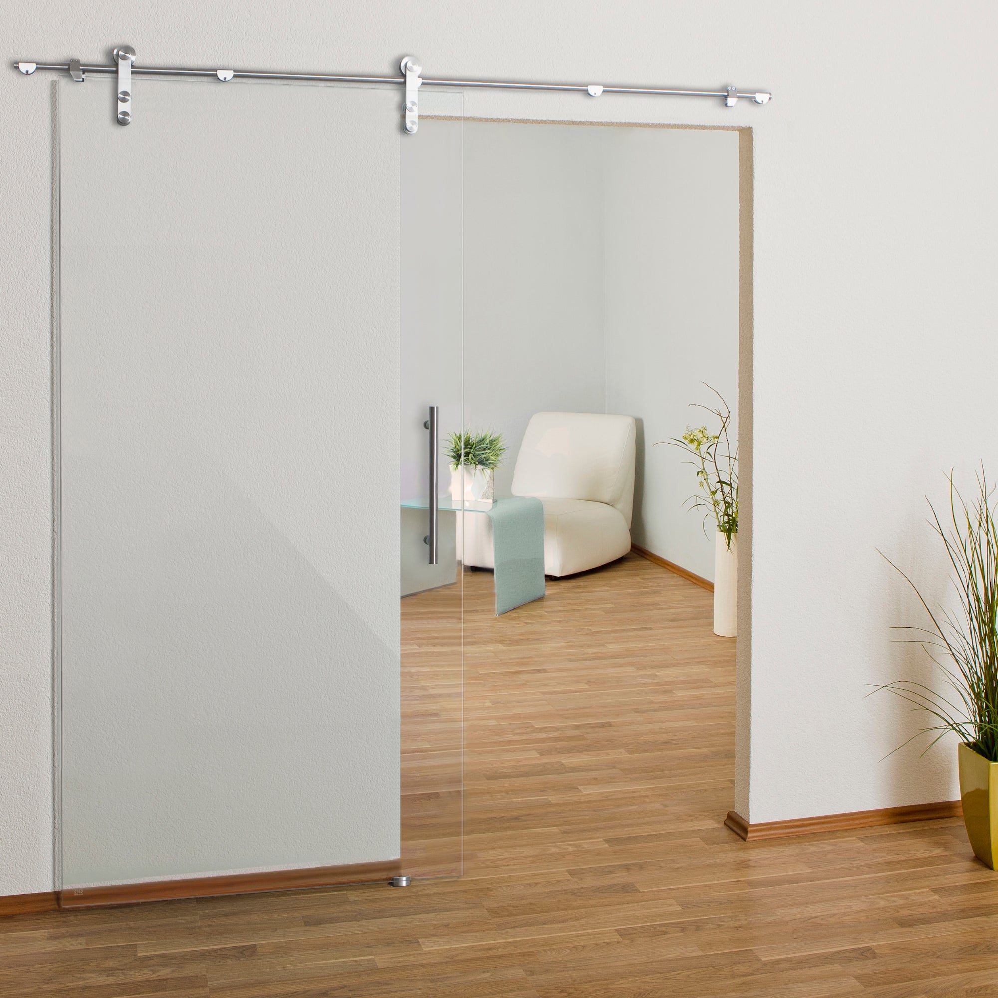 Glasschiebetür aus 8mm ESG Glas, Glastür Schiebetür mit Edelstahl Schiebetürsystem und 15mm Wandabstand -