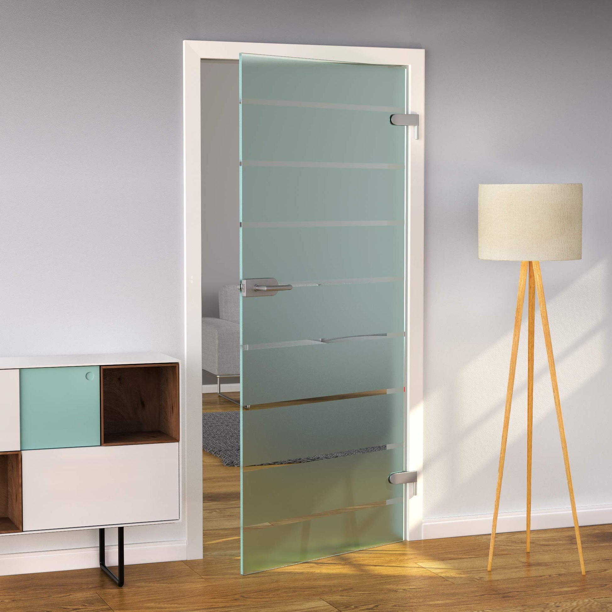 Glastür ohne Zarge, Studio, kratzfestes & starkes 8mm ESG Glas - 9 Streifen Sainiert T5 - Glastür