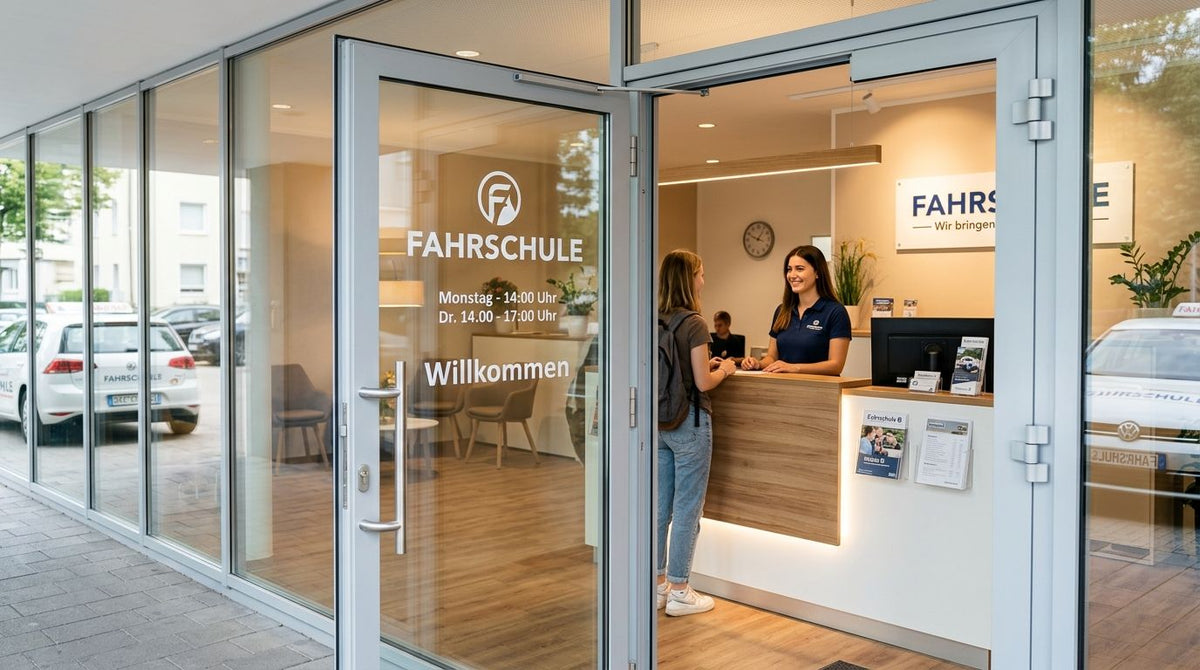 Glastür für Fahrschulen als Empfangsbereich