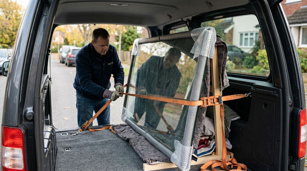 Wie transportiert man große Glasplatten sicher im Auto?