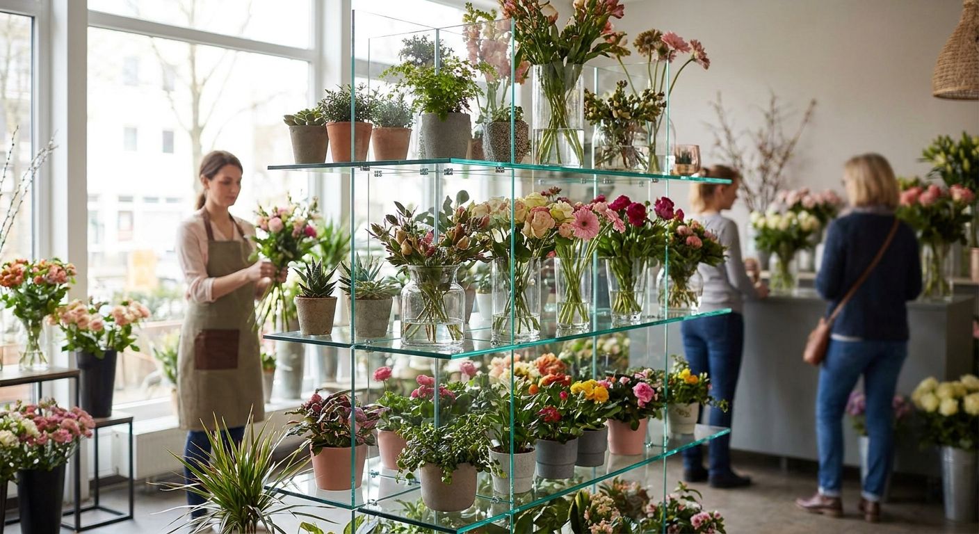 Glasregal für Blumenläden als Präsentationsfläche