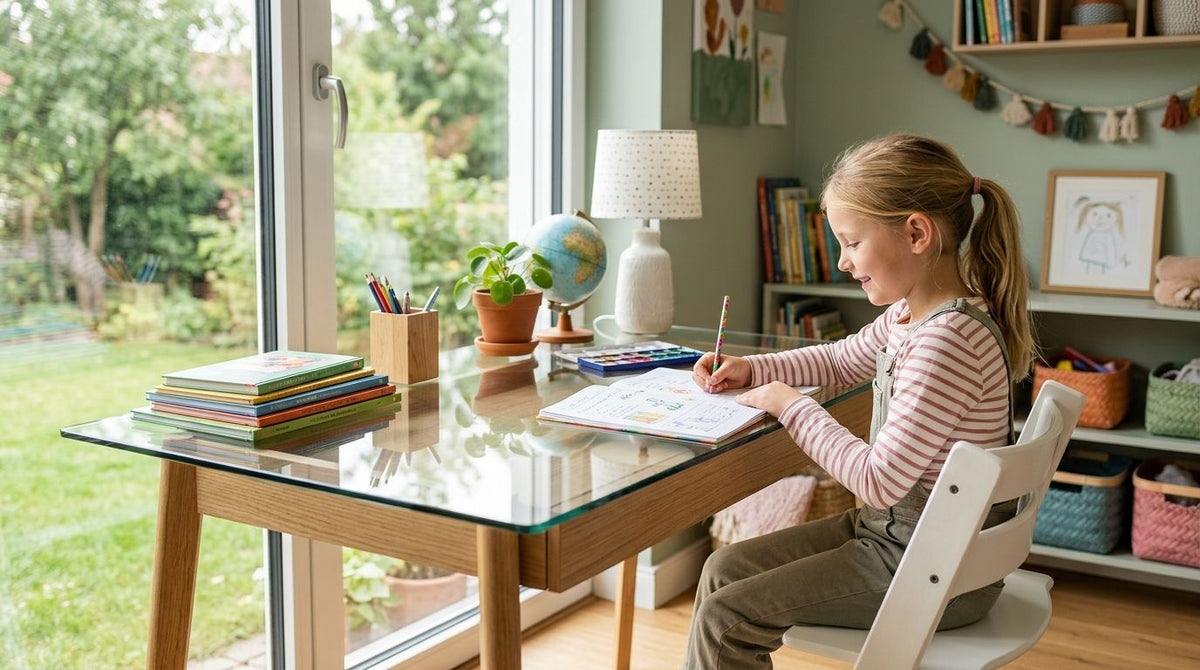 Glasschreibtisch für Kinderzimmer und Lernecken