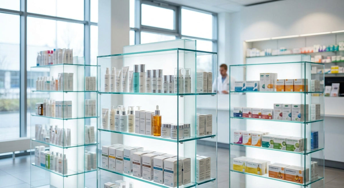 Glasregal für Apotheken als Warenpräsentation