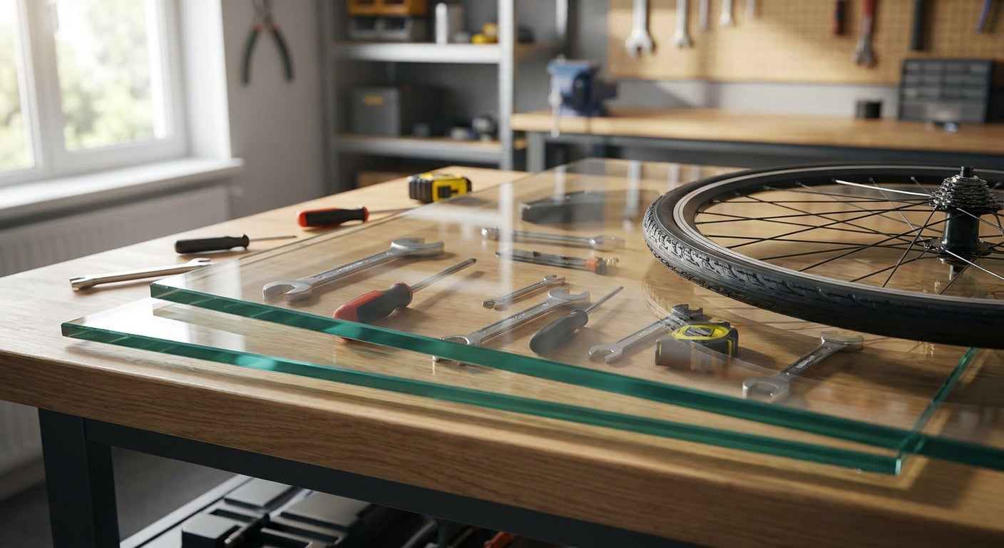 Glasplatte für die Werkbank in der Garage