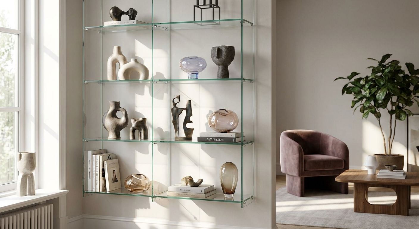 Glasregal für Skulpturen und Kunstobjekte im Wohnzimmer
