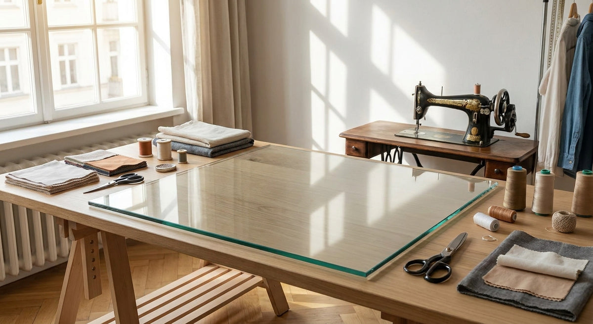 Glasplatte für Nähtische im Atelier