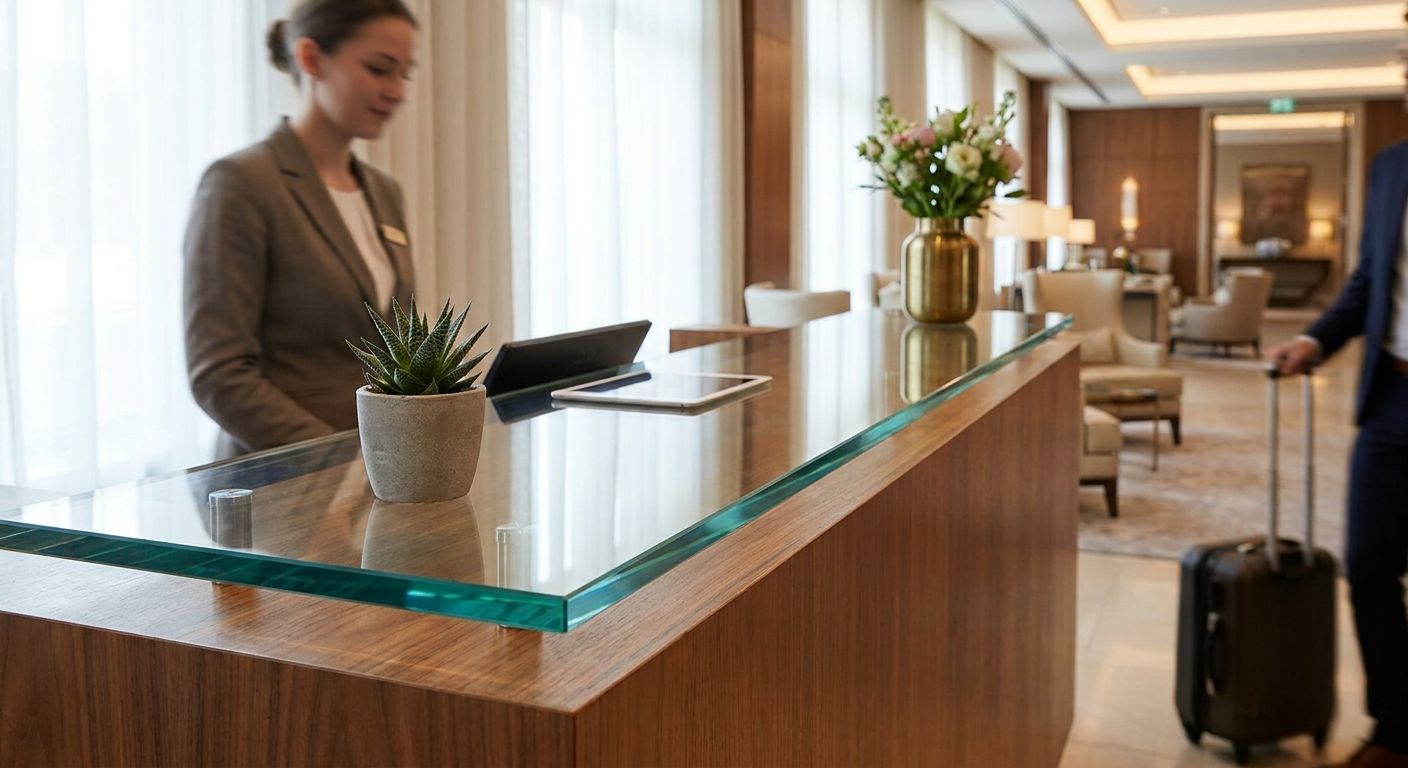 Glasplatte für Rezeptionstische in Hotels