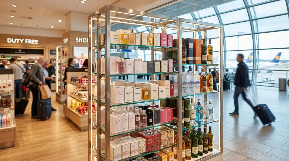 Glasregal für Duty-Free-Shops am Flughafen