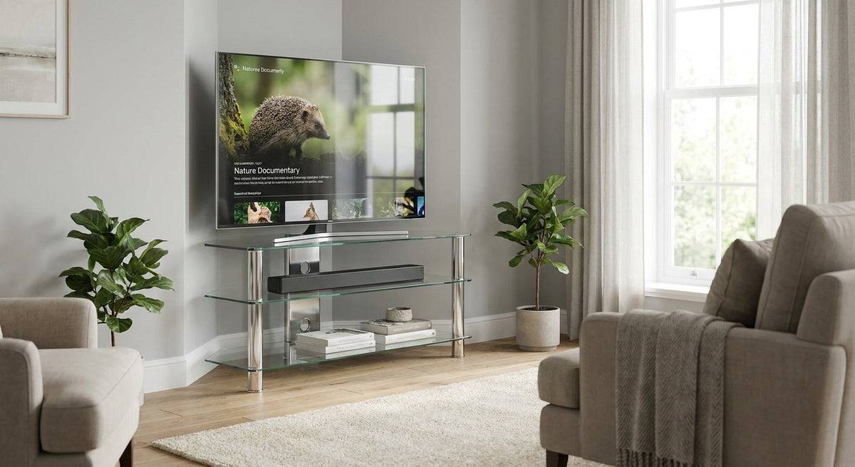 TV-Tisch aus Glas für Eckaufstellung