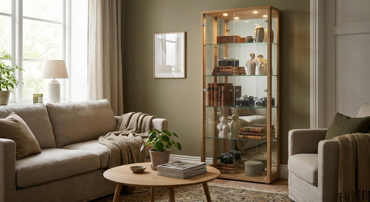 Glasvitrine für Sammlerstücke im Wohnzimmer