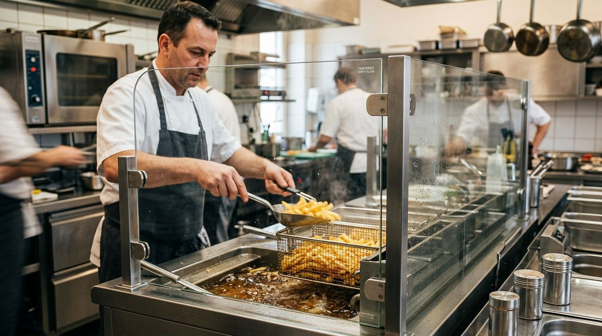 Spritzschutz aus Glas für Frittierstationen in der Gastronomie