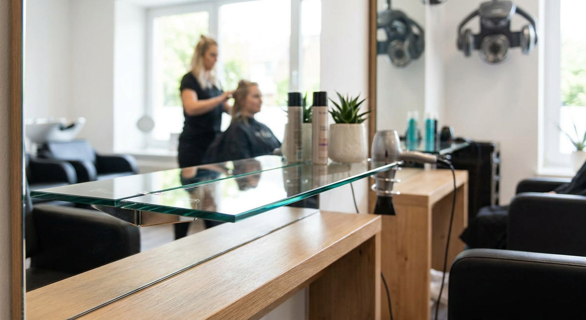 Glasplatte für Frisörstationen als Ablage