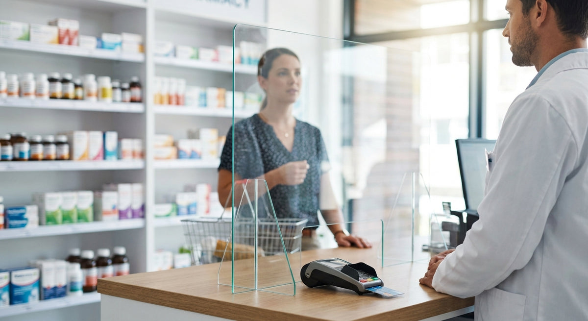 Spuckschutz aus Glas für Apotheken und Kassenbereiche