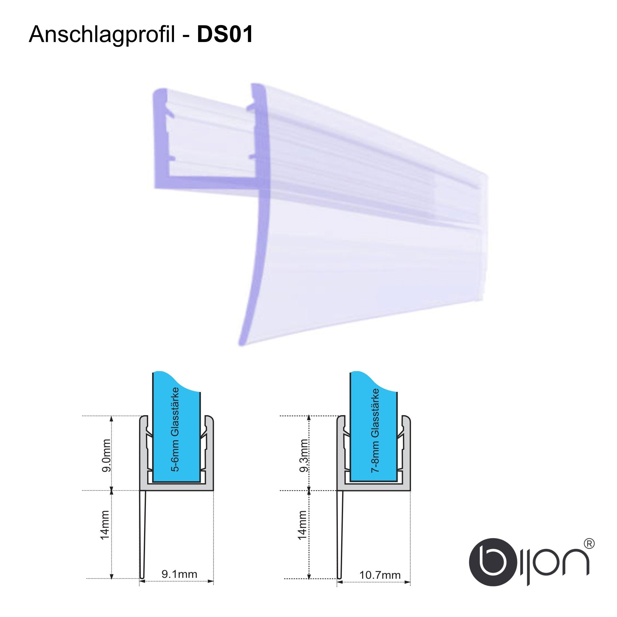 200cm Anschlagprofil für 5 - 6mm| 7 - 8mm Glas | DS01 - Duschdichtung