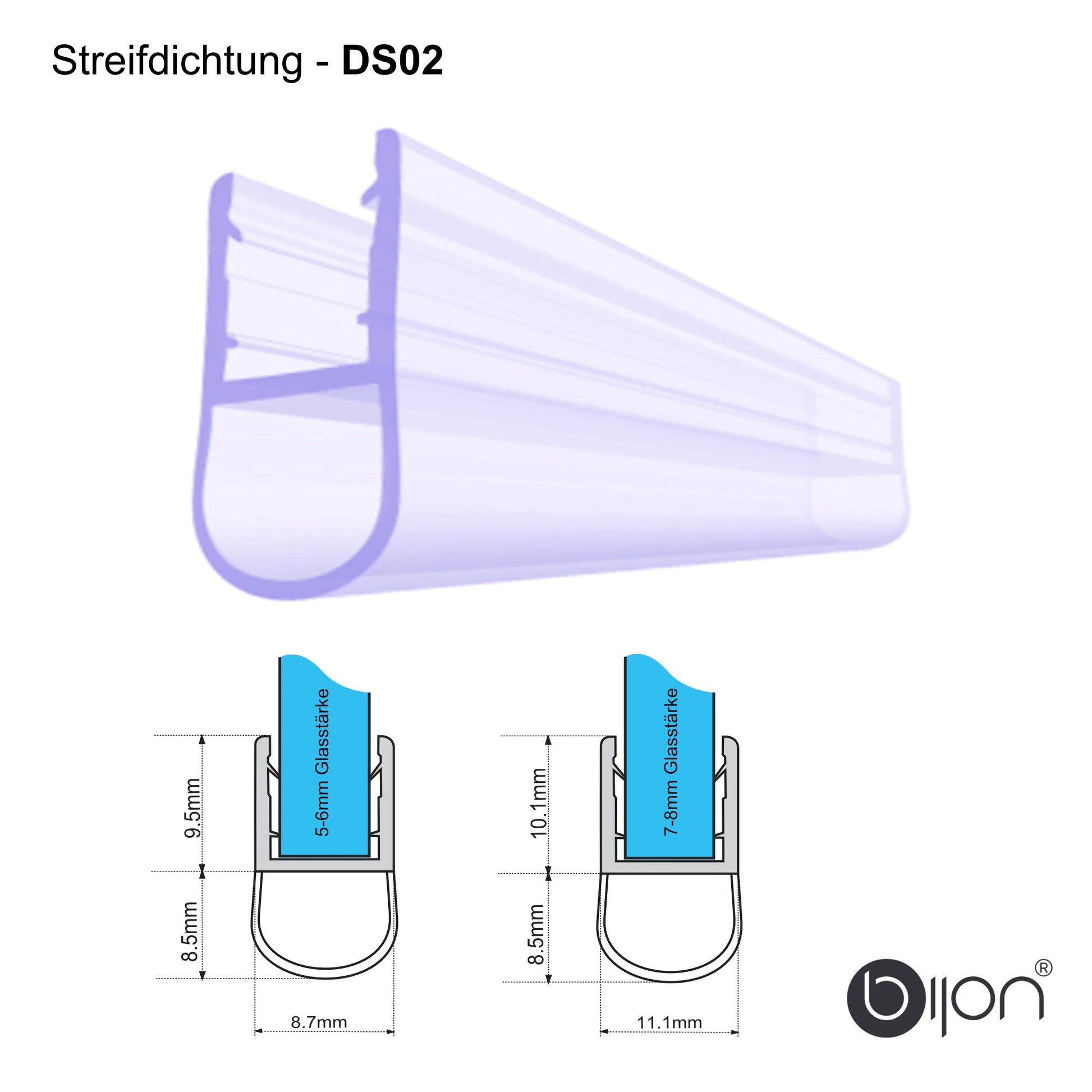 200cm Streifdichtung für 5 - 6mm| 7 - 8mm Glas | DS02 - Duschdichtung