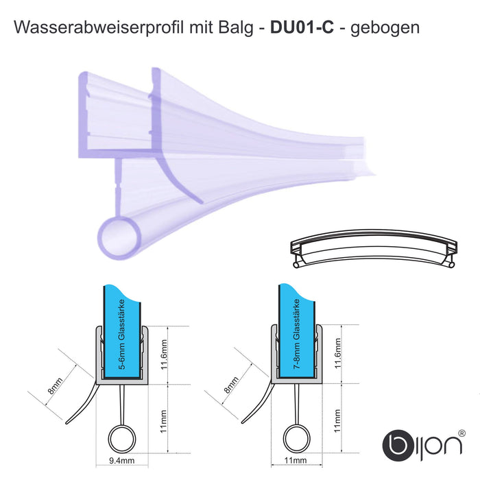 Duschdichtung unten 100cm Wasserabweisprofil für 5-6mm| 7-8mm gebogen DU01-C