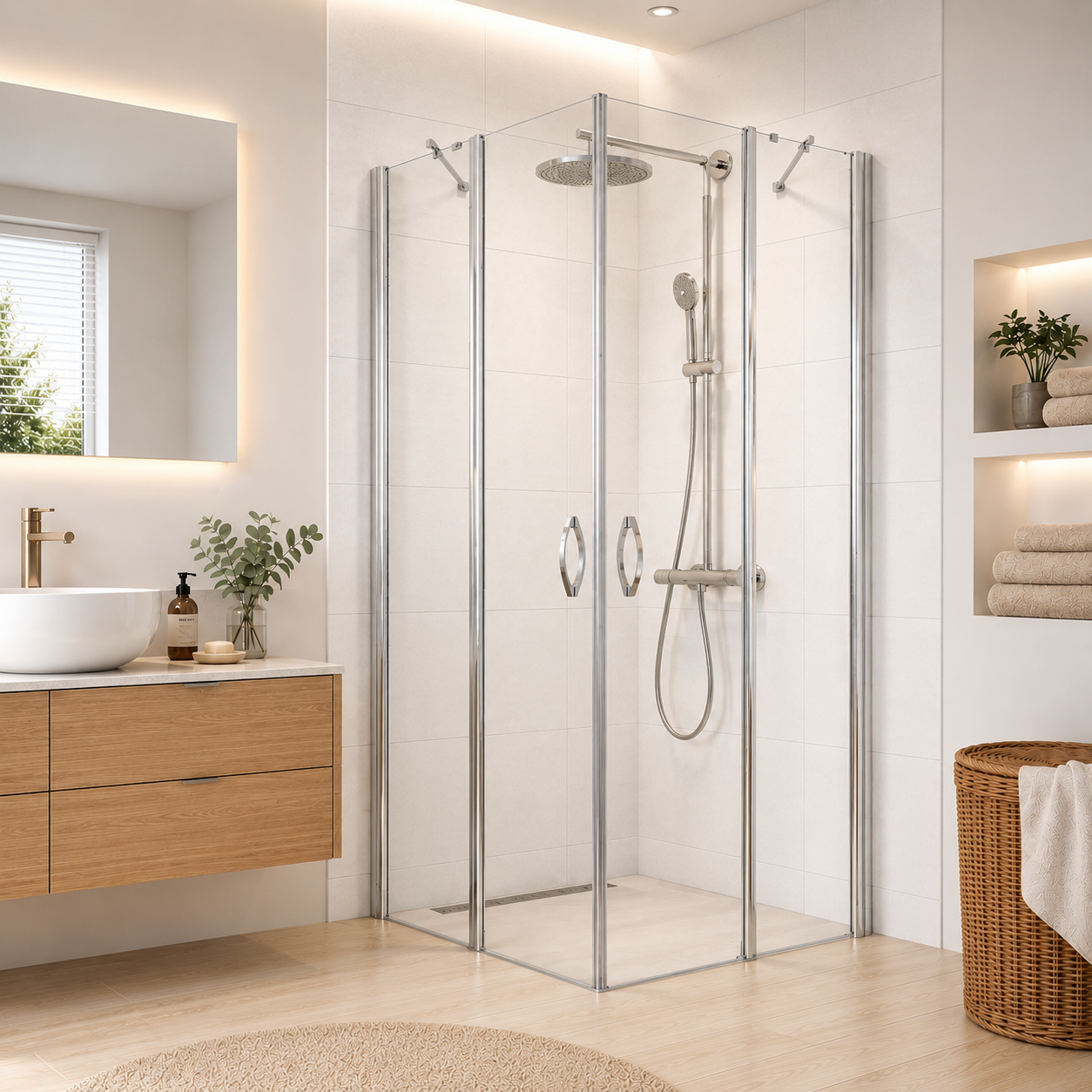 Eckeinstieg-Dusche mit Pendeltür – für bodengleiche Montage