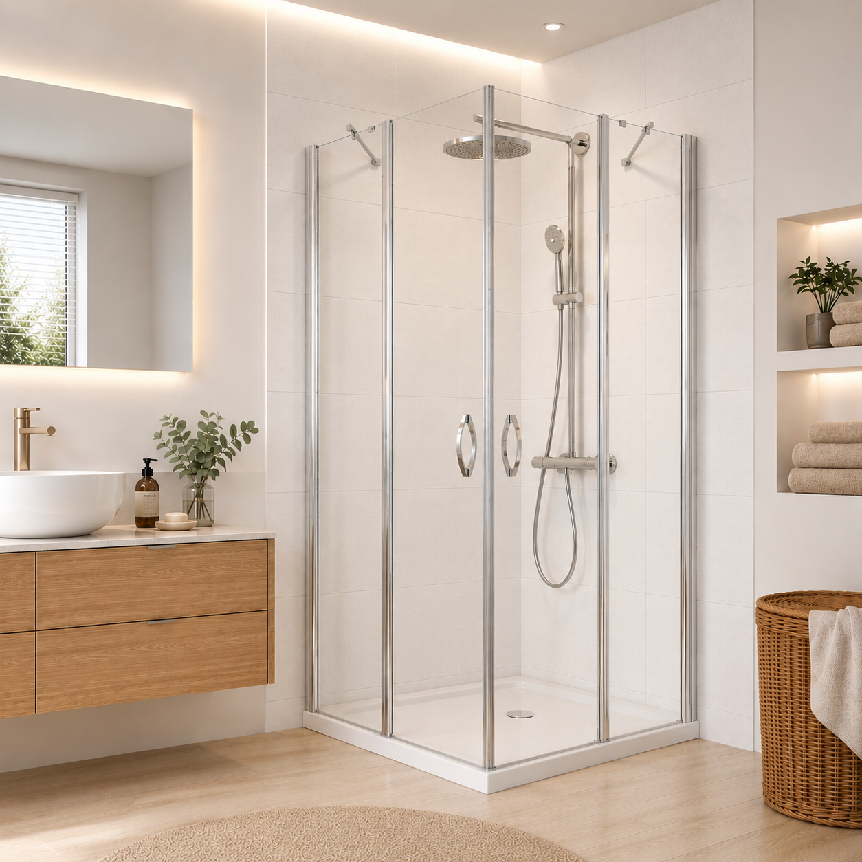 Eckeinstieg-Dusche mit Pendeltür – passend für Duschtassen