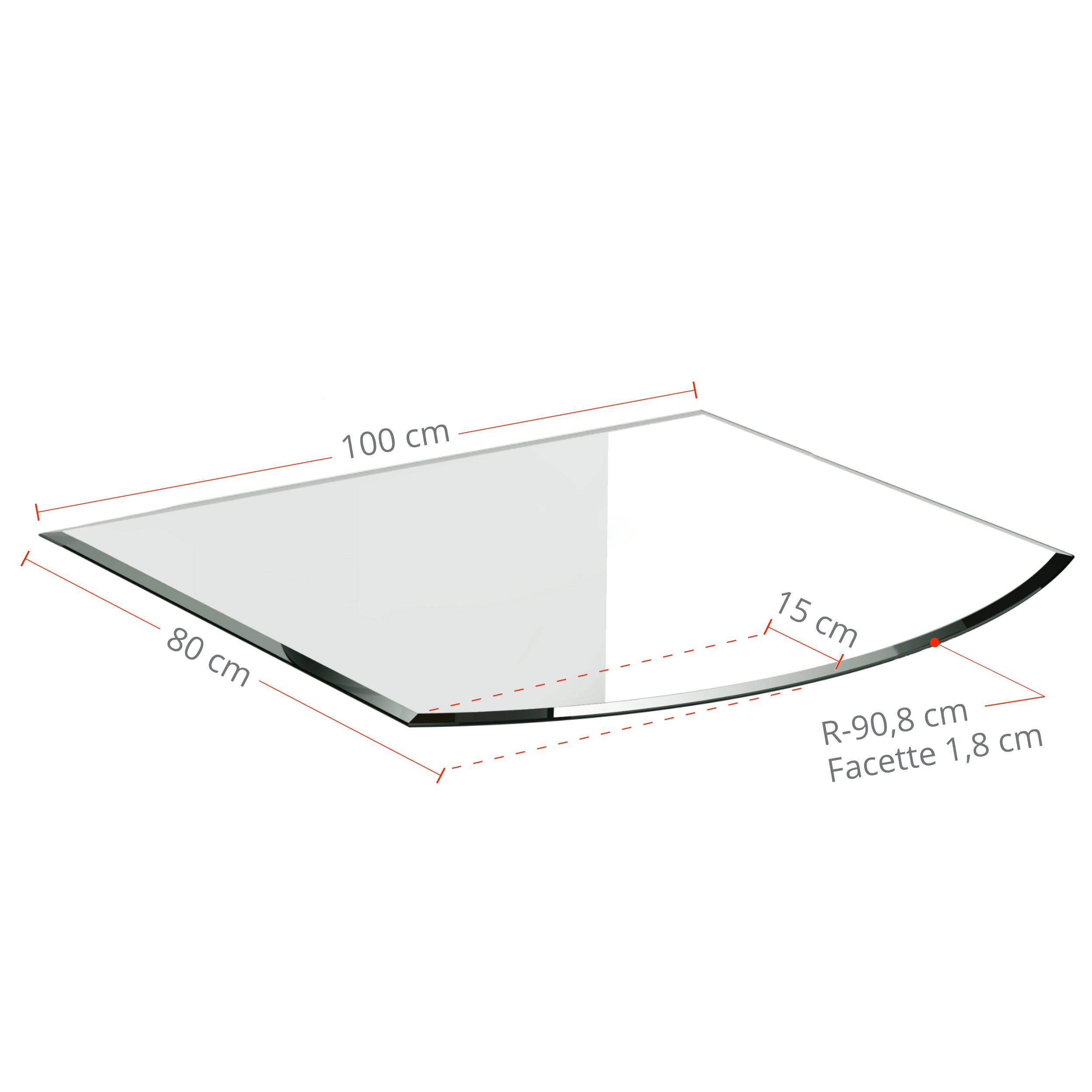 Glasbodenplatte für Kaminofen Segmentbogen 100x80 cm – Maßzeichnung