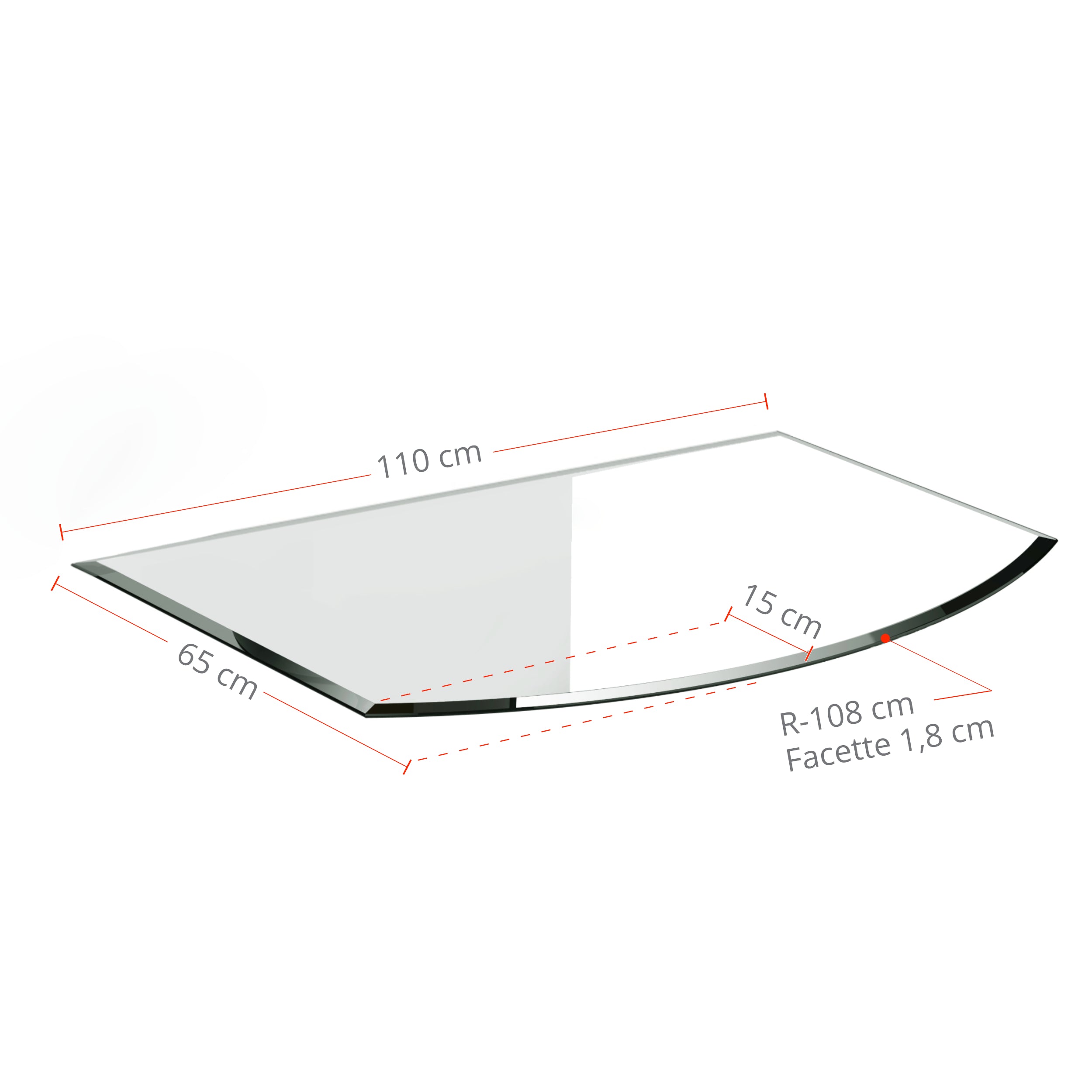 Glasbodenplatte für Kaminofen Segmentbogen 110x65 cm – Maßzeichnung