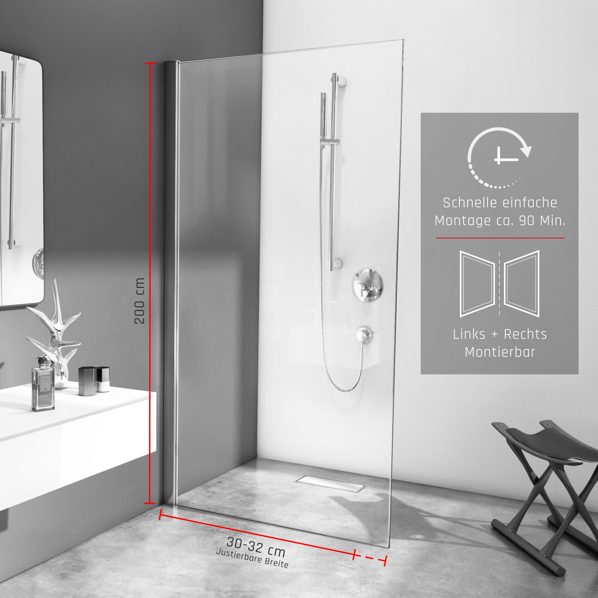 Duschwand Walk - In 8mm ESG, Klarglas - Duschwand