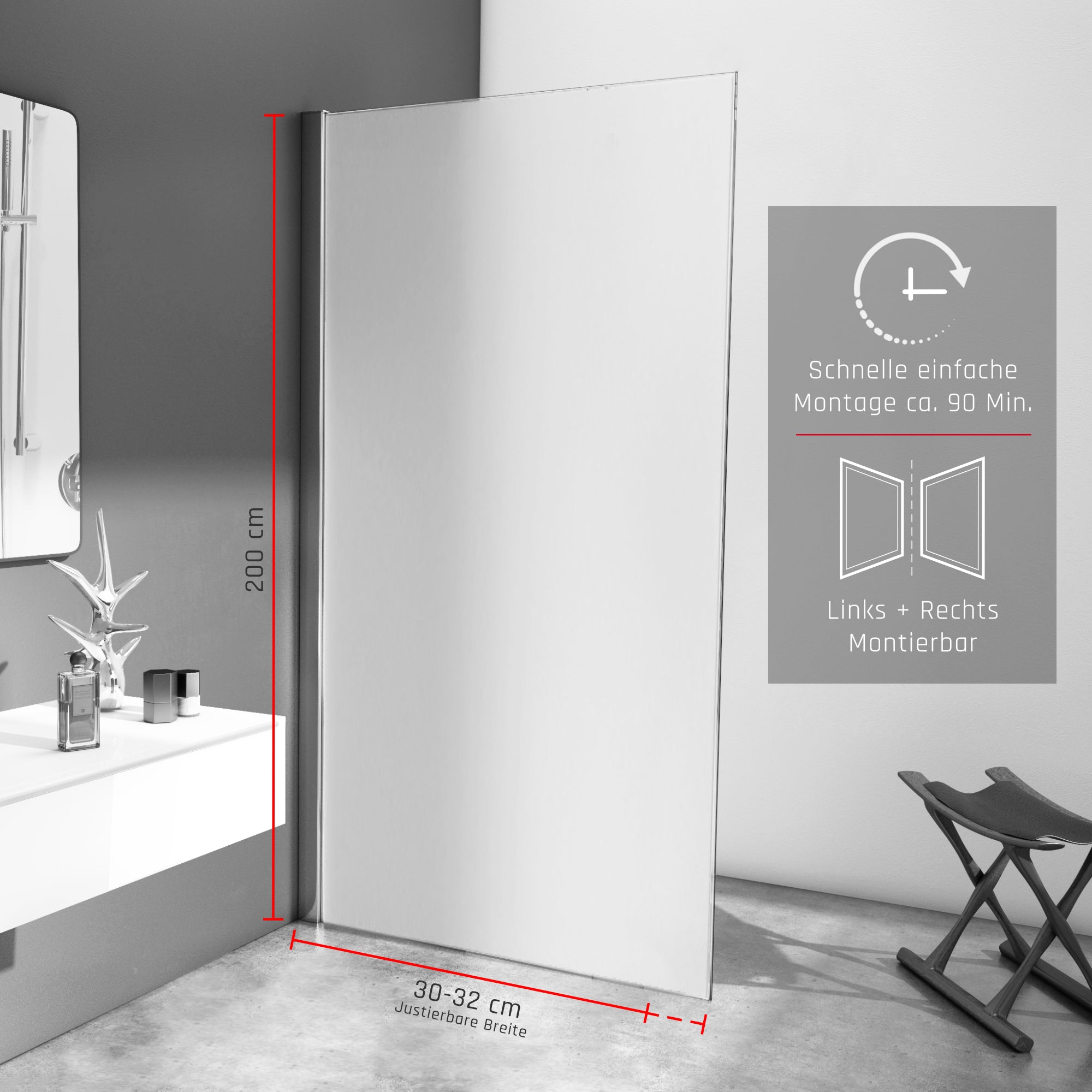 Duschwand Walk - In 8mm ESG, Satiniert - Duschwand