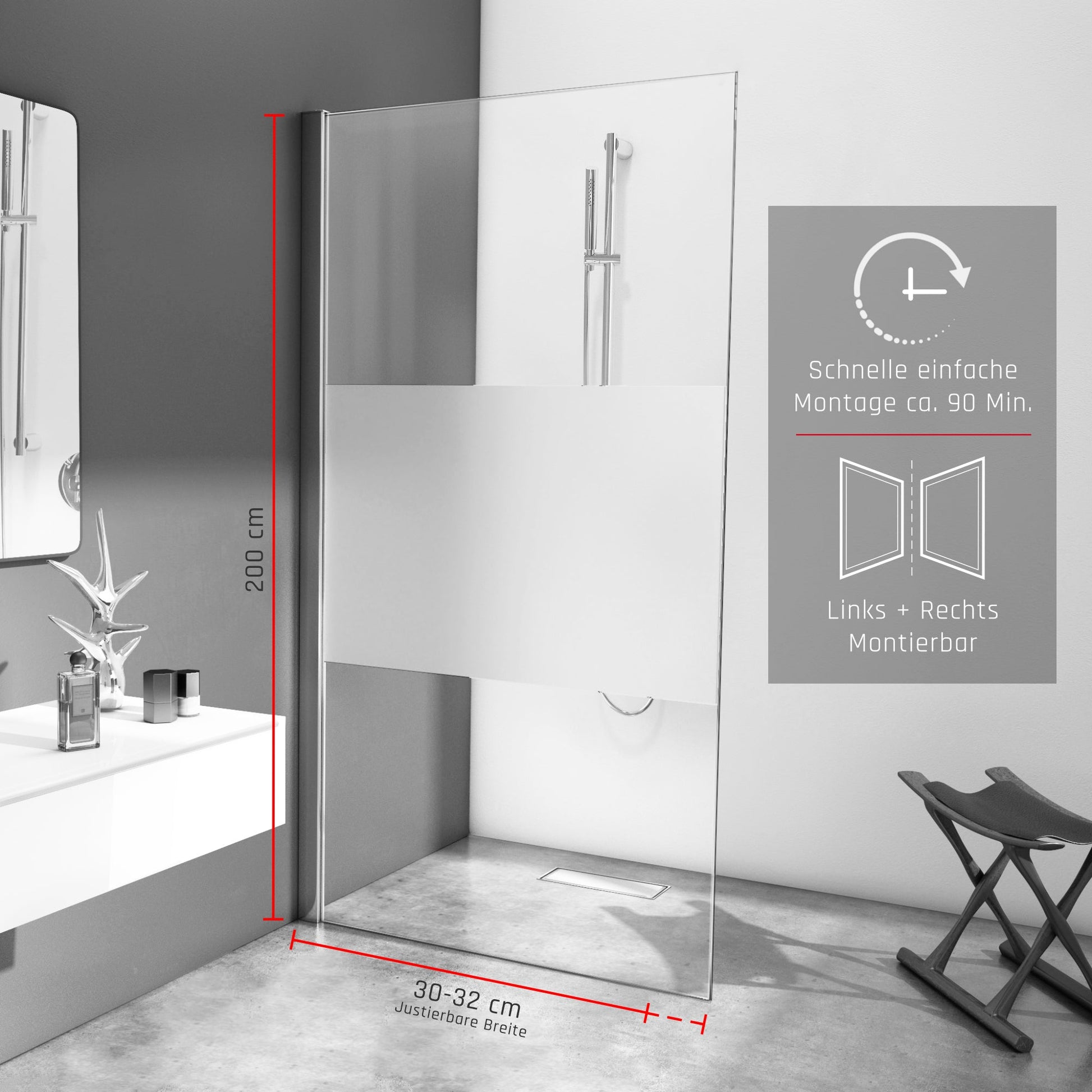 Duschwand Walk - In 8mm ESG, Teilsatiniert - Duschwand