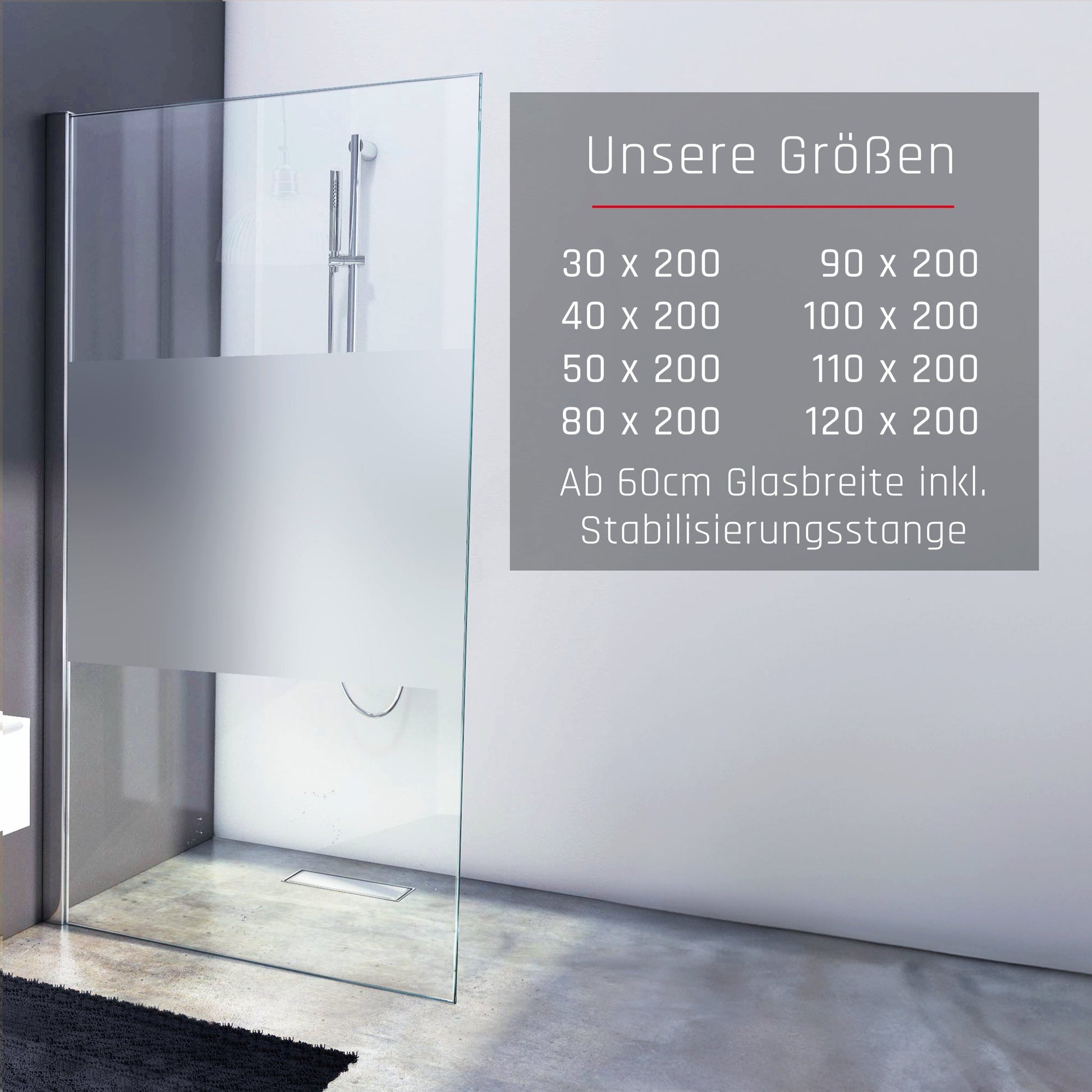 Duschwand Walk - In 8mm ESG, Teilsatiniert - Duschwand