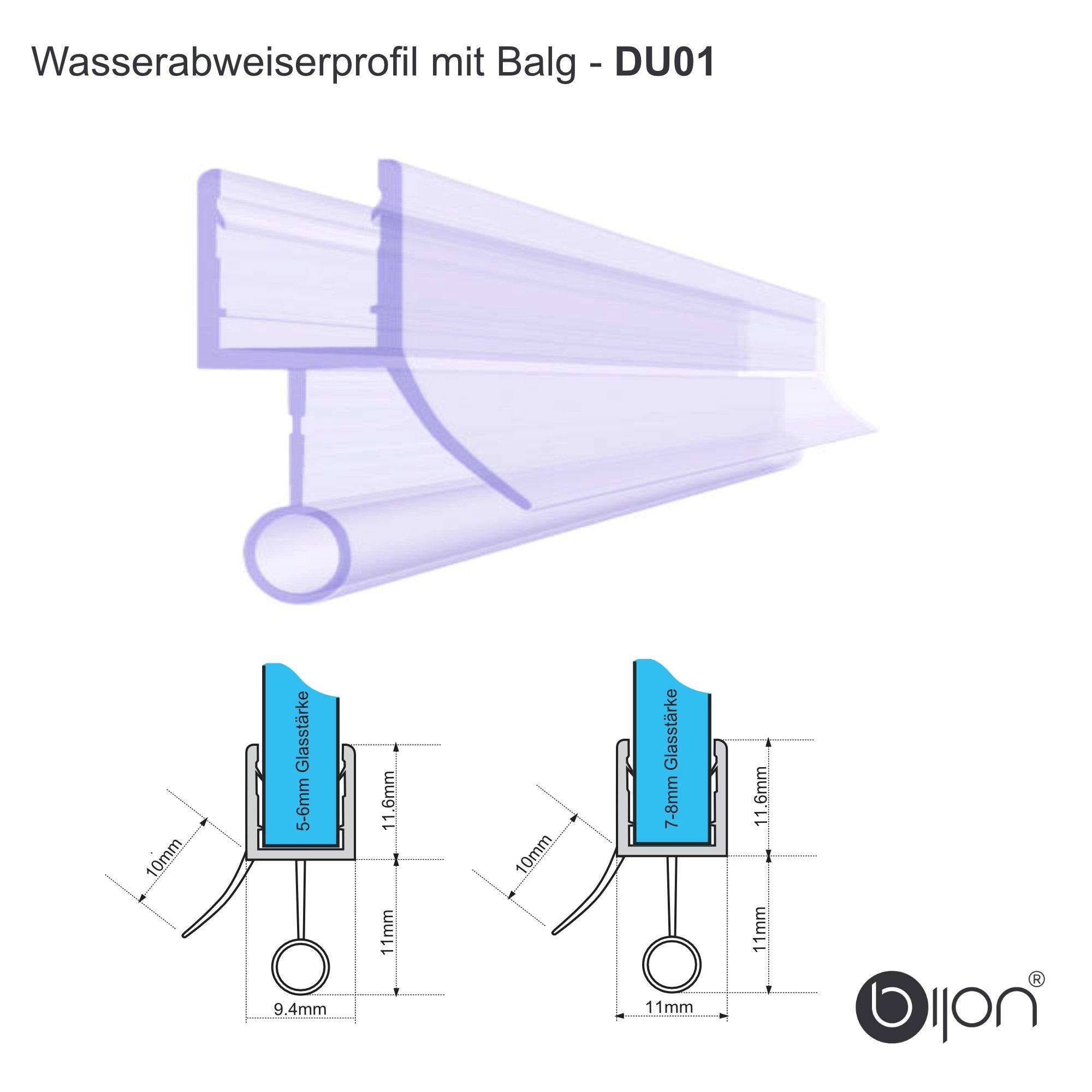 Duschdichtung unten 200cm Wasserabweisprofil für 5 - 6mm| 7 - 8mm gerade DU01 - 