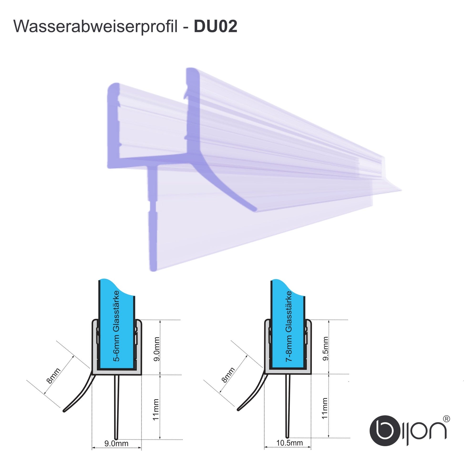 Duschdichtung unten 200cm Wasserabweisprofil für 5 - 6mm| 7 - 8mm gerade DU02 - 