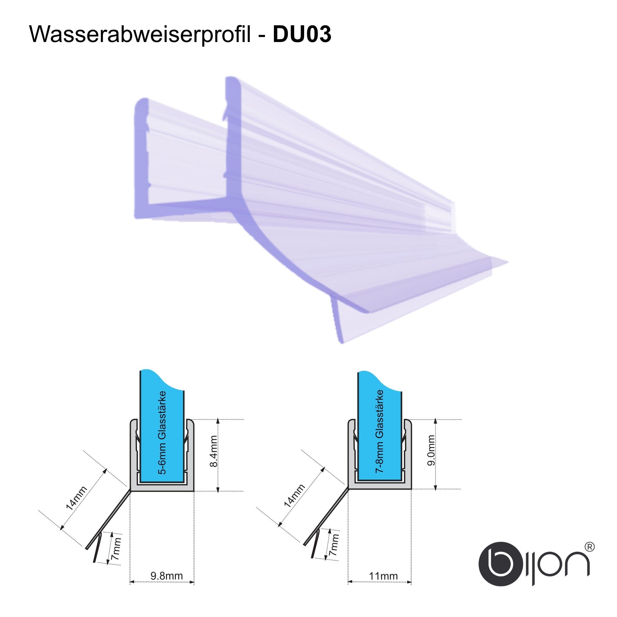 Duschdichtung unten 200cm Wasserabweisprofil für 5 - 6mm| 7 - 8mm gerade DU03