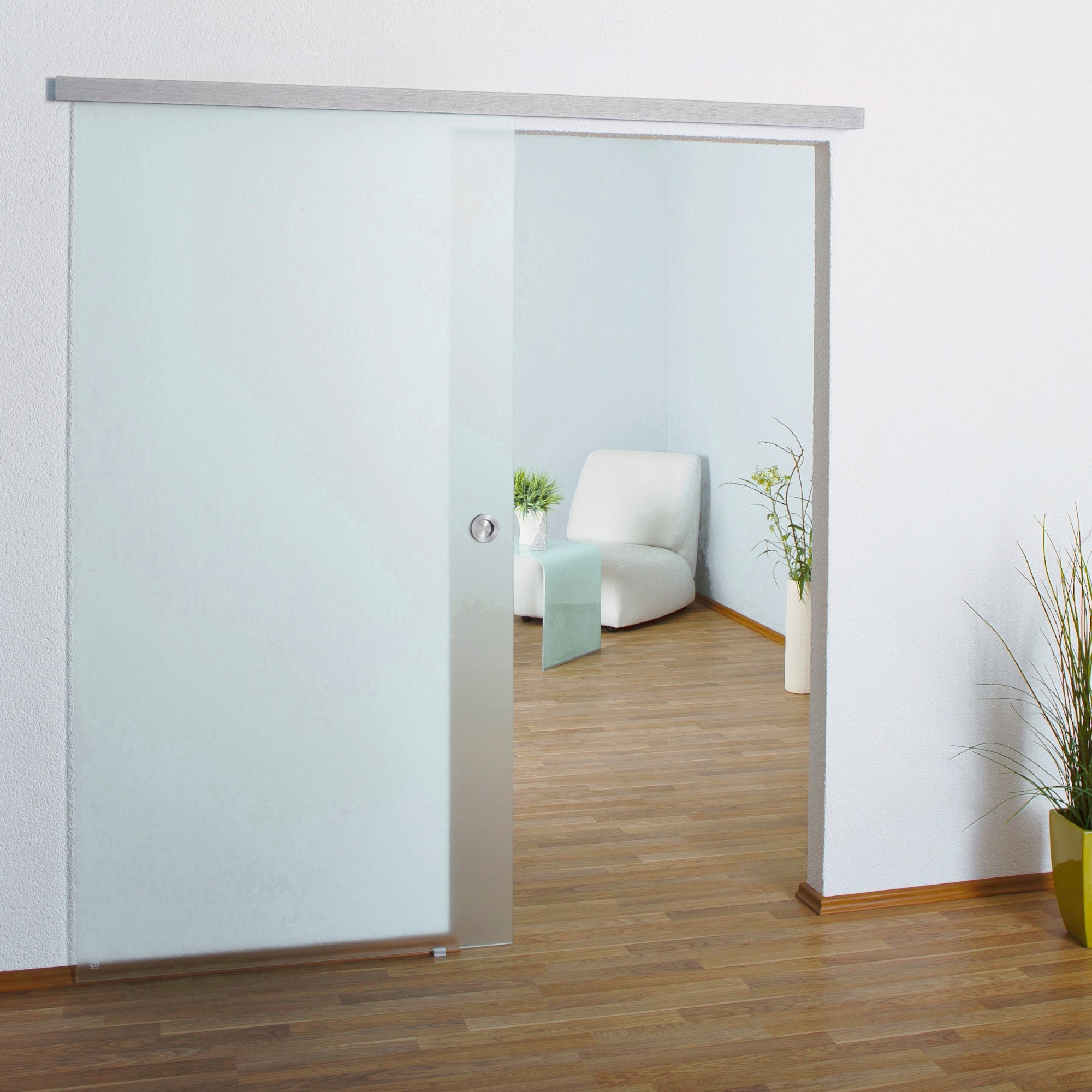 Glasschiebetür Komplettset aus 8mm ESG Glas, Glastür Schiebetür mit Muschelgriff und 15mm Wandabstand - 