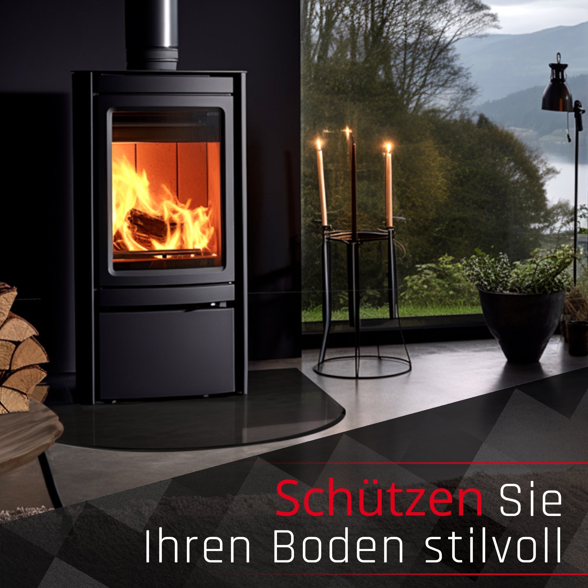 Glasbodenplatte für Kaminofen - Rundbogen Schwarz - Kaminglas