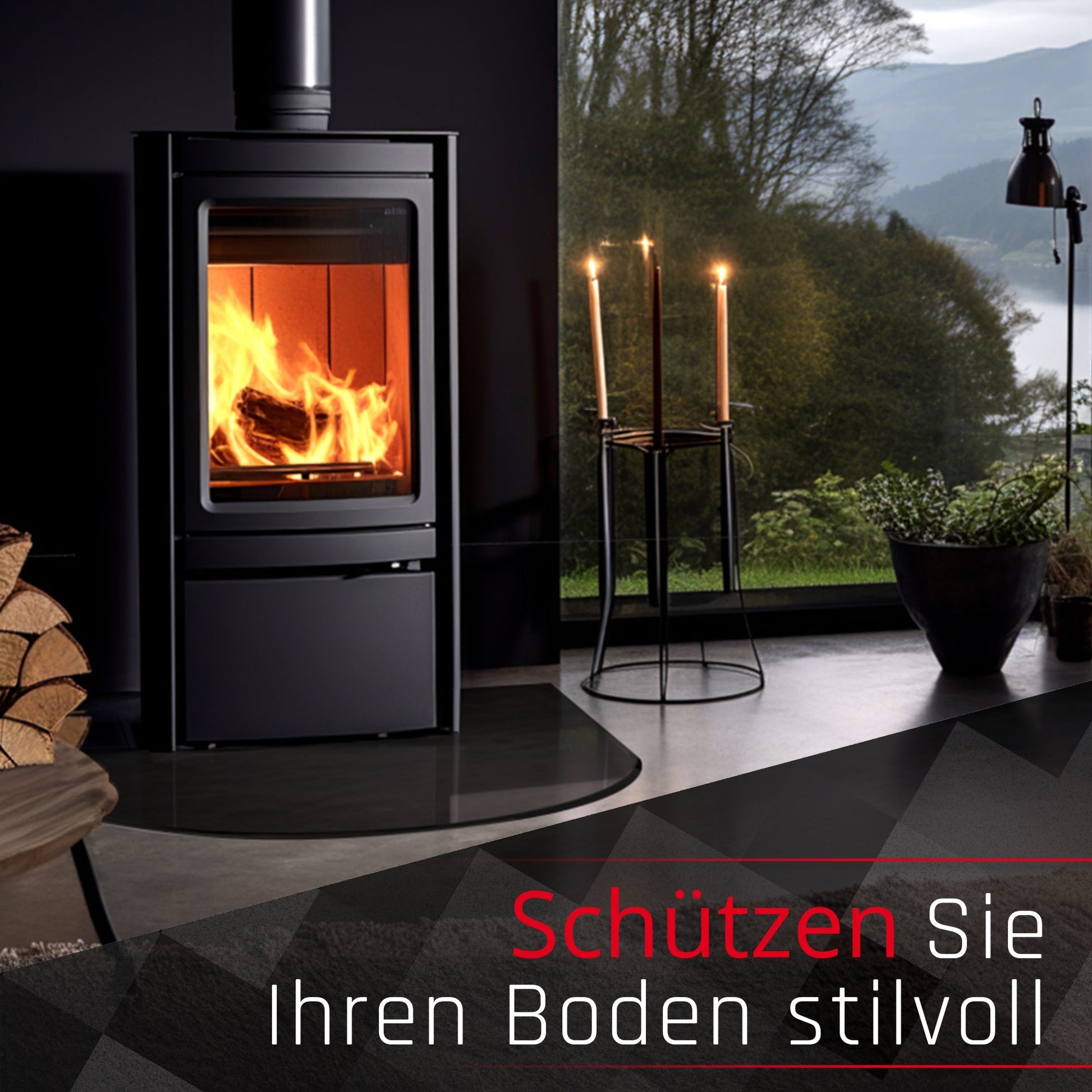 Glasbodenplatte für Kaminofen - Rundbogen Schwarz - Kaminglas