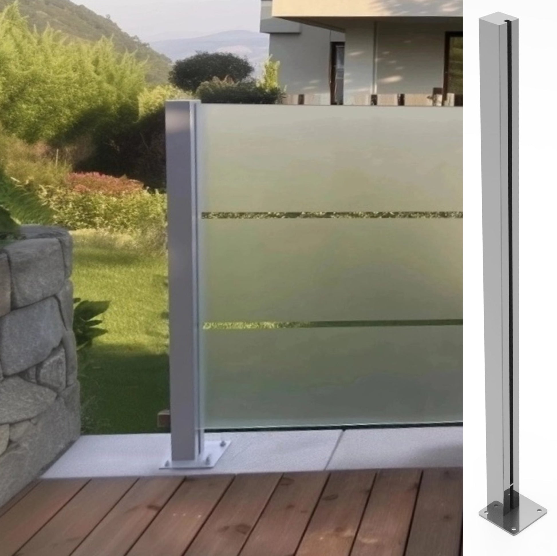 Glaszaun Edelstahl-Pfosten 125–195 cm, RAL 9006 Weißaluminium – Sichtschutz für Terrasse & Garten