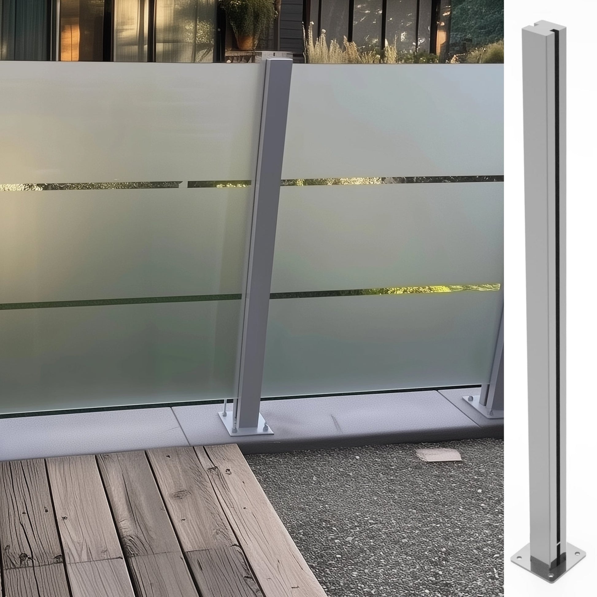 Glaszaun Edelstahl-Pfosten 125–195 cm, RAL 9006 Weißaluminium – Sichtschutz für Terrasse & Garten