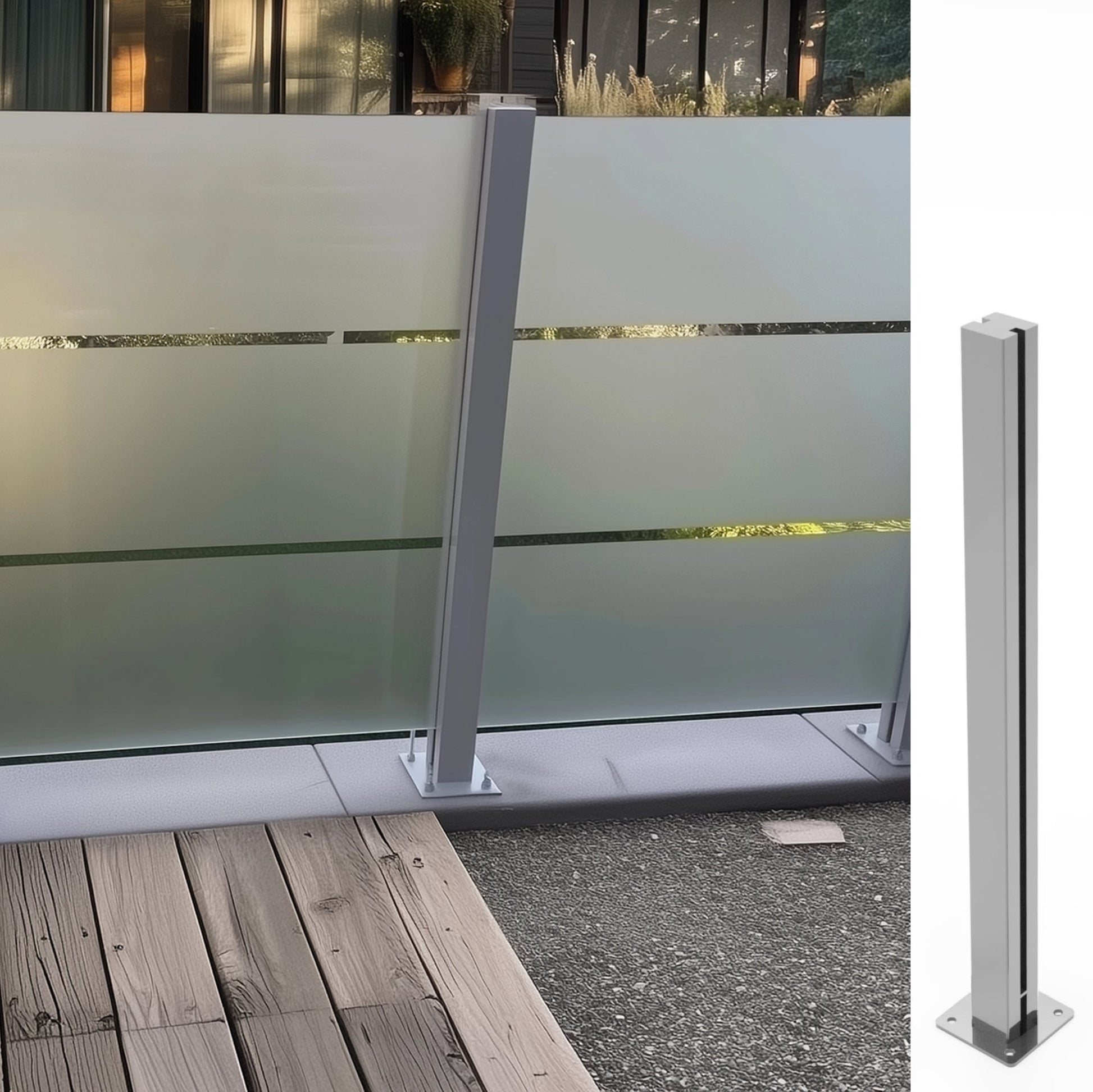 Glaszaun Edelstahl-Pfosten 125–195 cm, RAL 9006 Weißaluminium – Sichtschutz für Terrasse & Garten