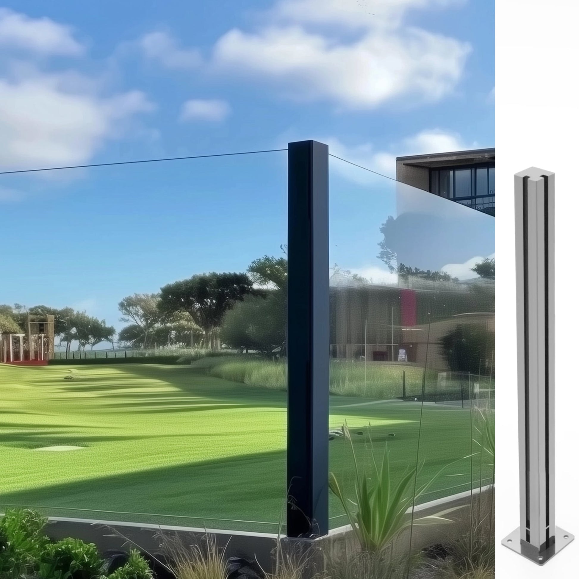 Glaszaun Edelstahl-Pfosten 125–195 cm, RAL 9006 Weißaluminium – Sichtschutz für Terrasse & Garten