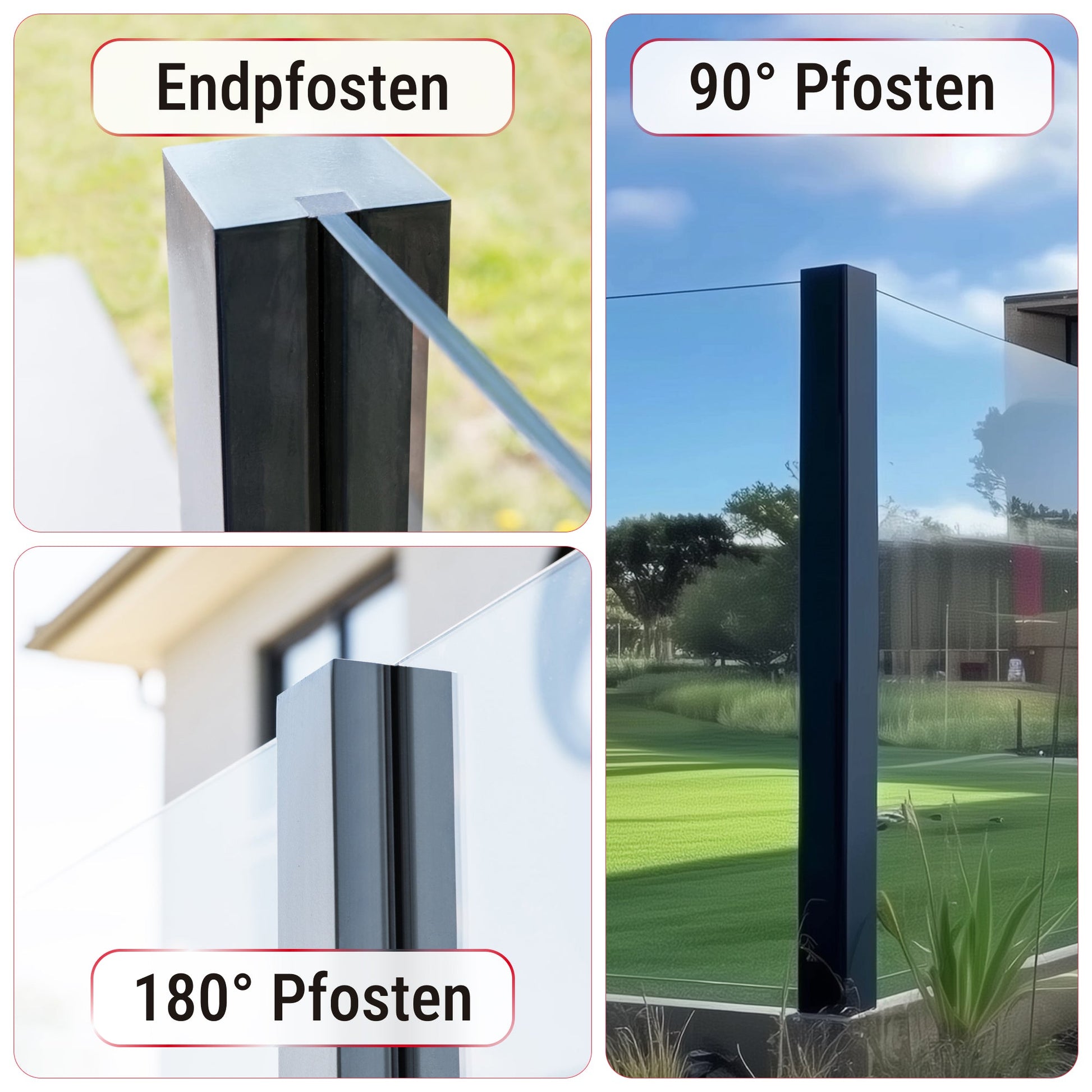 Glaszaun Edelstahl-Pfosten 125–195 cm, RAL 9006 Weißaluminium – Sichtschutz für Terrasse & Garten
