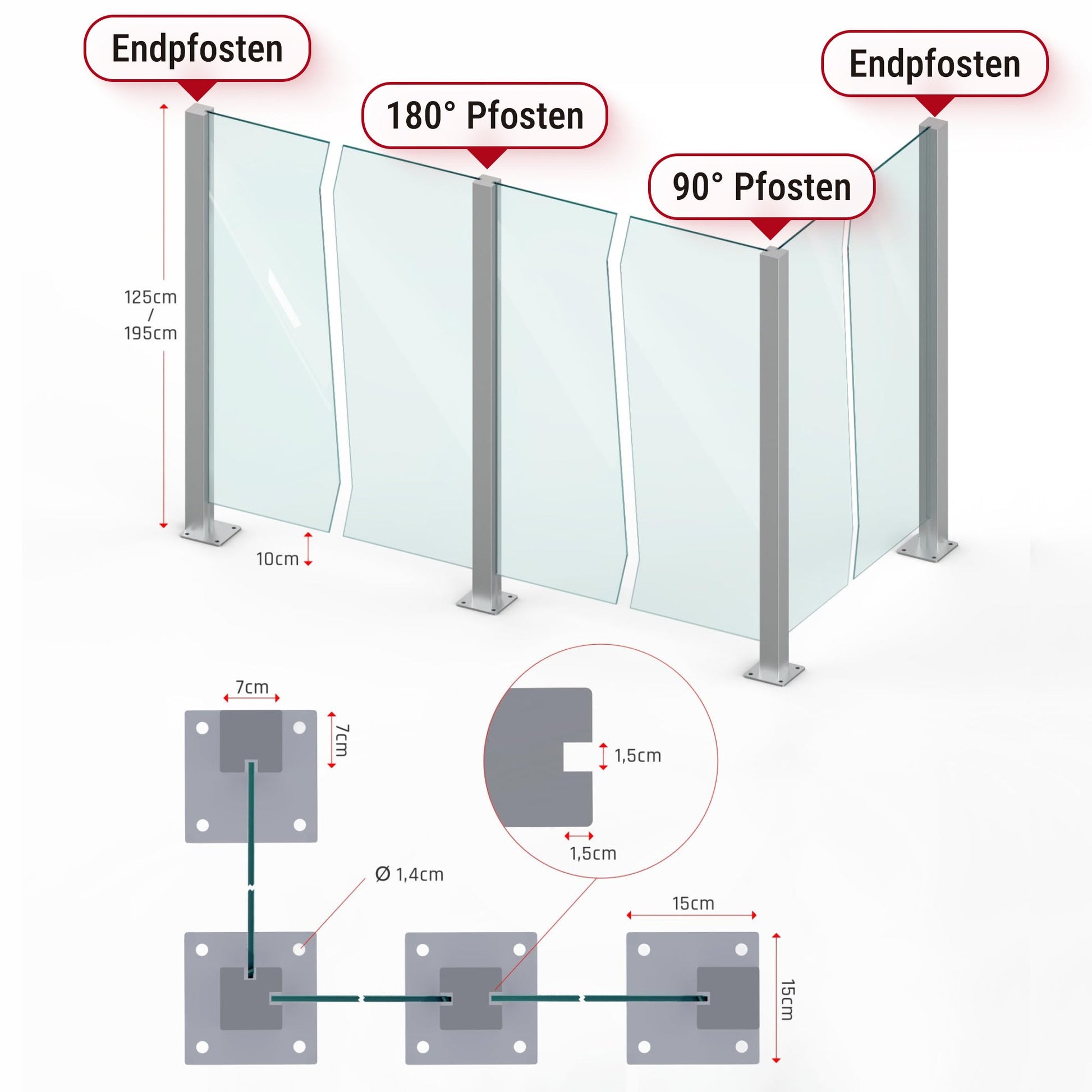 Glaszaun Edelstahl-Pfosten 125–195 cm, RAL 9006 Weißaluminium – Sichtschutz für Terrasse & Garten