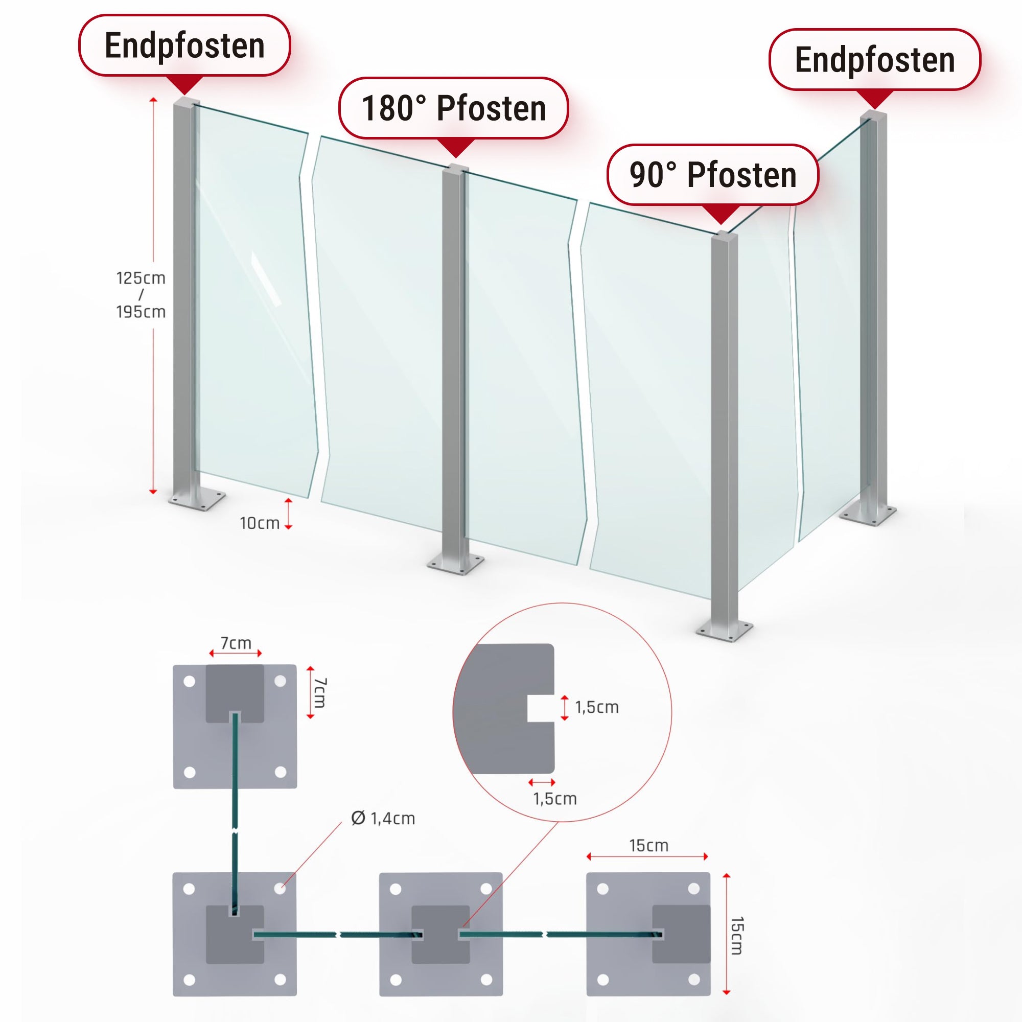 Glaszaun Edelstahl-Pfosten 125–195 cm, RAL 9006 Weißaluminium – Sichtschutz für Terrasse & Garten