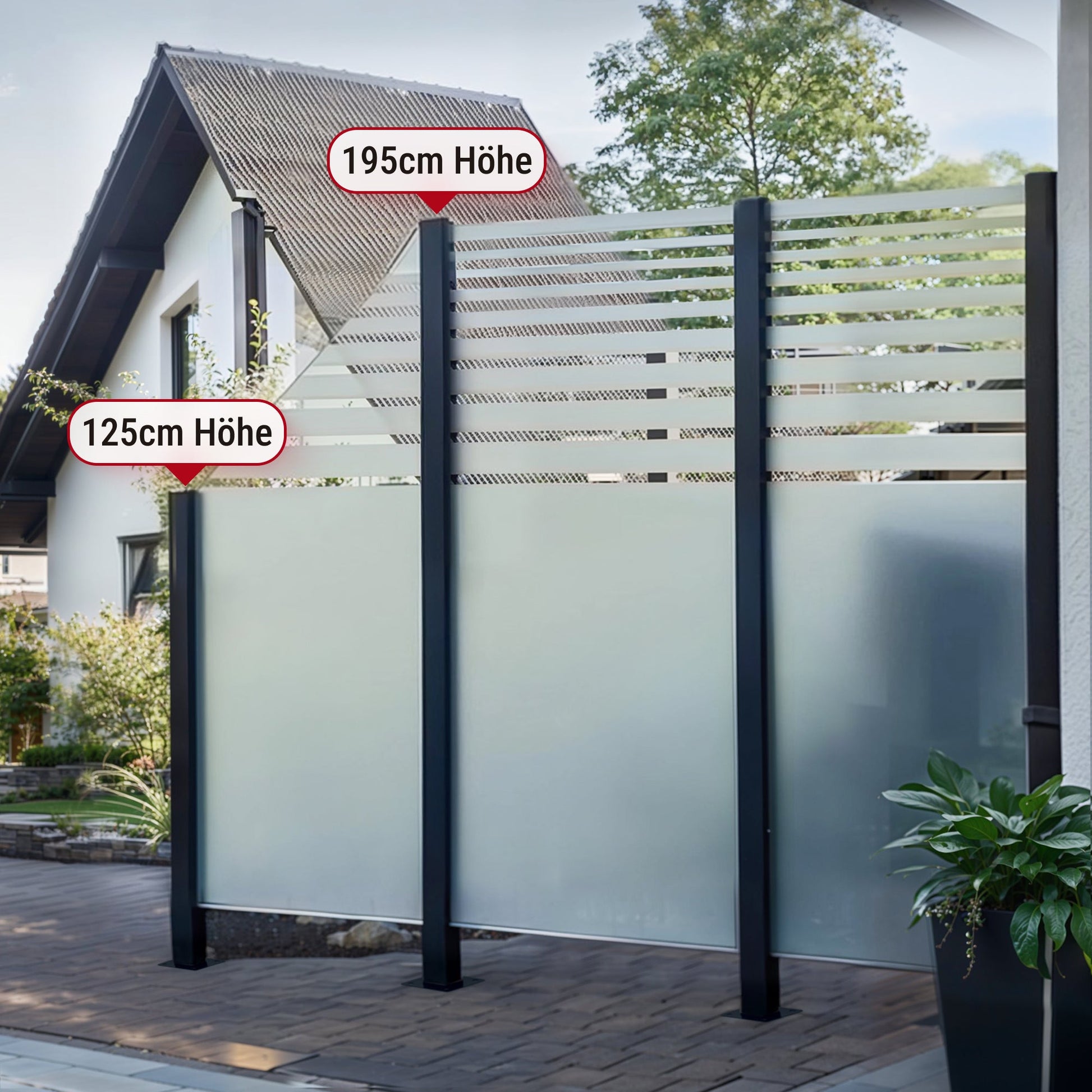 Glaszaun Edelstahl-Pfosten 125–195 cm, RAL 9006 Weißaluminium – Sichtschutz für Terrasse & Garten